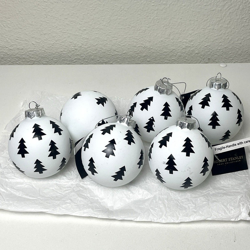 Robert Stanley Black White Pine Tree Glass Christmas Ornaments 3" Set of 6